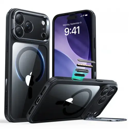 Husa MagSafe pentru Apple iPhone 17 Pro Max, ESR, Classic Hybrid Kickstand, Neagra/Transparenta