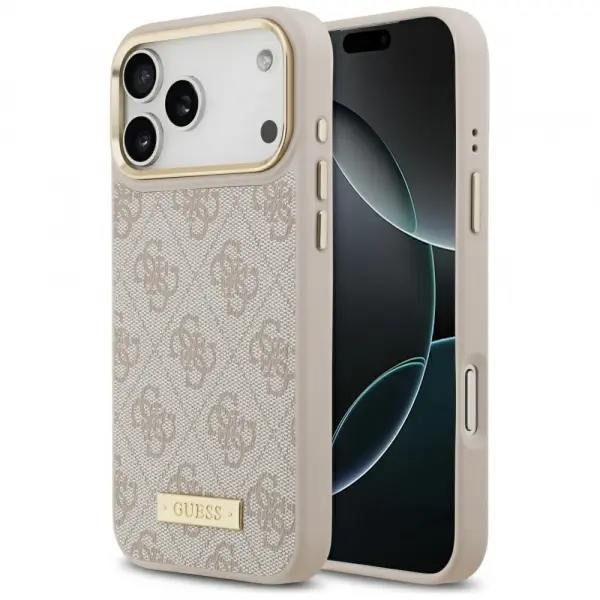 Husa MagSafe pentru Apple iPhone 17 Pro Max, Guess, 4G Logo Plate, Roz