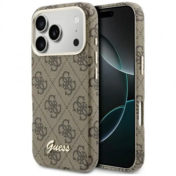 Husa MagSafe pentru Apple iPhone 17 Pro Max, Guess, 4G Script Logo, Maro