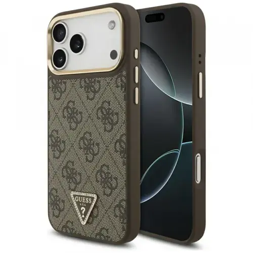 Husa MagSafe pentru Apple iPhone 17 Pro Max, Guess, 4G Triangle Logo, Maro Aurie