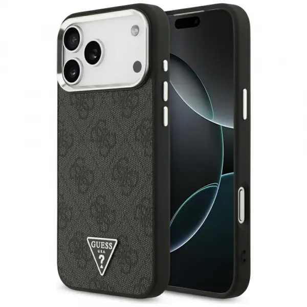 Husa MagSafe pentru Apple iPhone 17 Pro Max, Guess, 4G Triangle Logo, Neagra Argintie