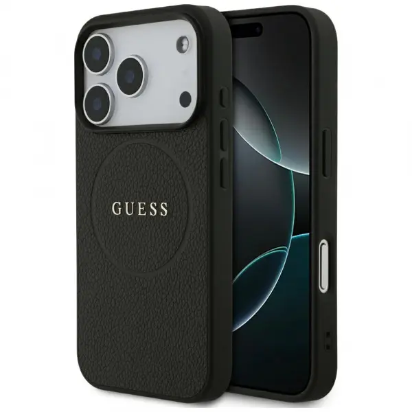 Husa MagSafe pentru Apple iPhone 17 Pro Max, Guess, Grained Gold Ring, Neagra