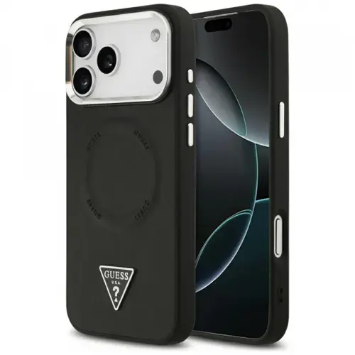 Husa MagSafe pentru Apple iPhone 17 Pro Max, Guess, Triangle Logo, Neagra Argintie