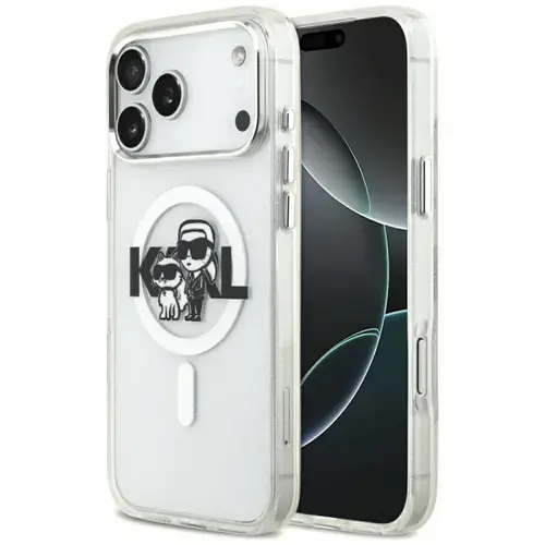 Husa MagSafe pentru Apple iPhone 17 Pro Max, Karl Lagerfeld, IML Sketch Logo Glitter Karl & Choupette, Transparenta