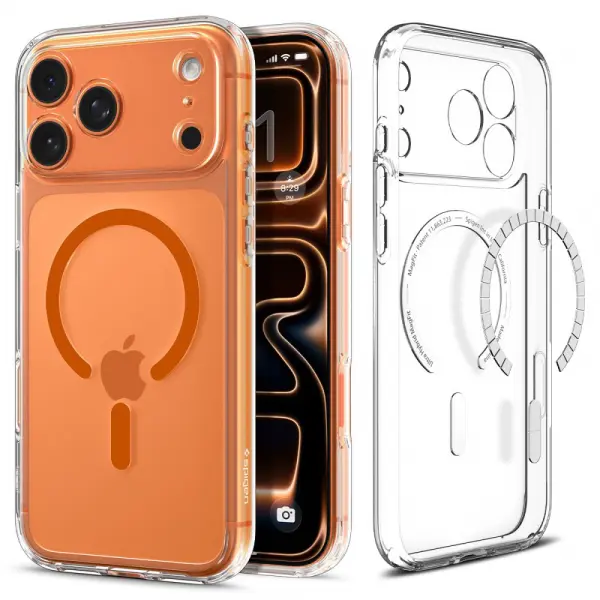 Husa MagSafe pentru Apple iPhone 17 Pro Max, Spigen, Ultra Hybrid, Transparenta Portocalie