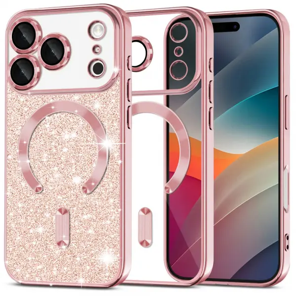 Husa MagSafe pentru Apple iPhone 17 Pro Max, Techsuit, Luxury Glitter, Roz Aurie