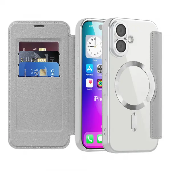 Husa MagSafe pentru Apple iPhone 17, Techsuit, SmartMag Book, Gri