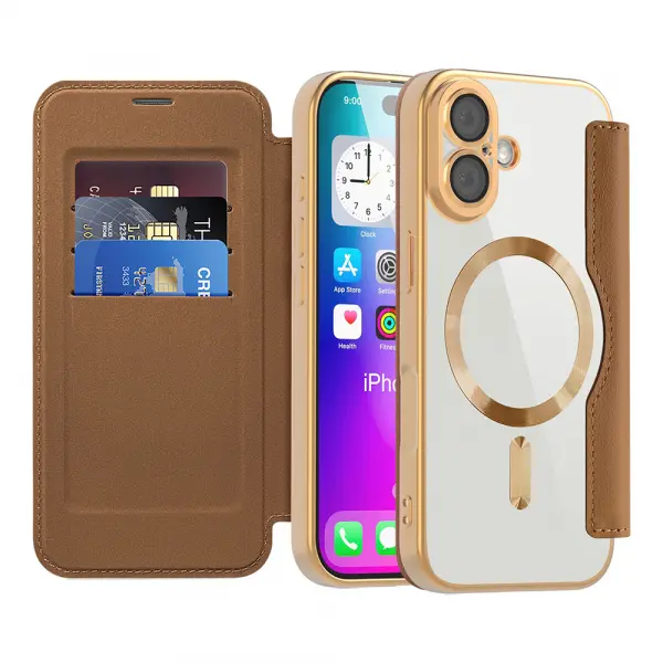 Husa MagSafe pentru Apple iPhone 17, Techsuit, SmartMag Book, Maro