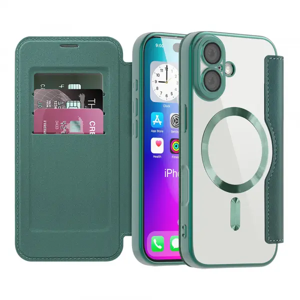 Husa MagSafe pentru Apple iPhone 17, Techsuit, SmartMag Book, Verde