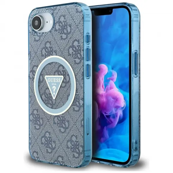 Husa MagSafe pentru Apple iPhone 17e / 16e, Guess, IML Glitter 4G Circle Triangle, Albastra