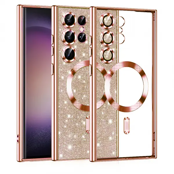 Husa MagSafe pentru Samsung Galaxy S23 Ultra S918, Techsuit, Luxury Glitter, Roz Aurie