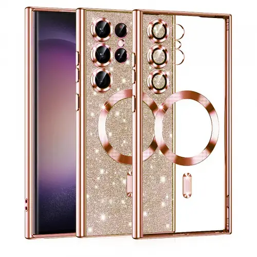 Husa MagSafe pentru Samsung Galaxy S23 Ultra S918, Techsuit, Luxury Glitter, Roz Aurie