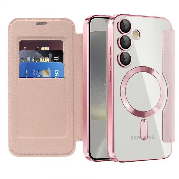 Husa MagSafe pentru Samsung Galaxy S24 S921, Techsuit, SmartMag Book, Roz