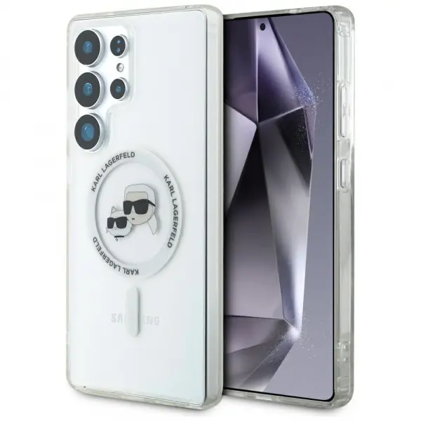 Husa MagSafe pentru Samsung Galaxy S25 Ultra S938, Karl Lagerfeld, IML Metal Karl & Choupette's Heads, Alba