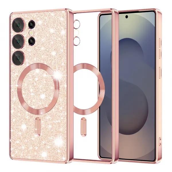 Husa MagSafe pentru Samsung Galaxy S25 Ultra S938, Techsuit, Luxury Glitter, Roz Aurie
