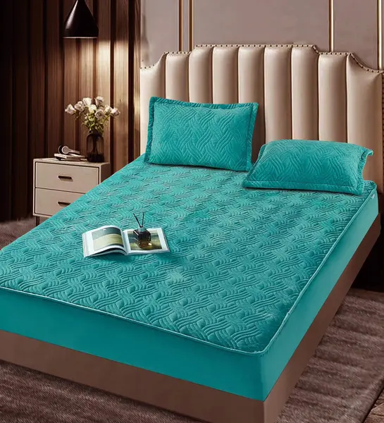 Husã matlasatã tip topper din catifea, 160x200cm + 2 fete de perna 50x70cm, Turquoise