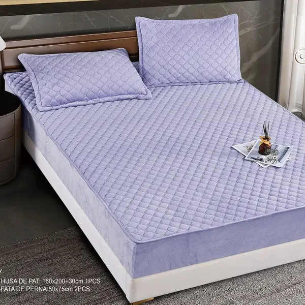 Husa Matlasata Tip Topper din Catifea 160x200cm, cu 2 Fete de Perna 50x70cm - Somn Odihnitor si Sustinere pentru Spate, Lila