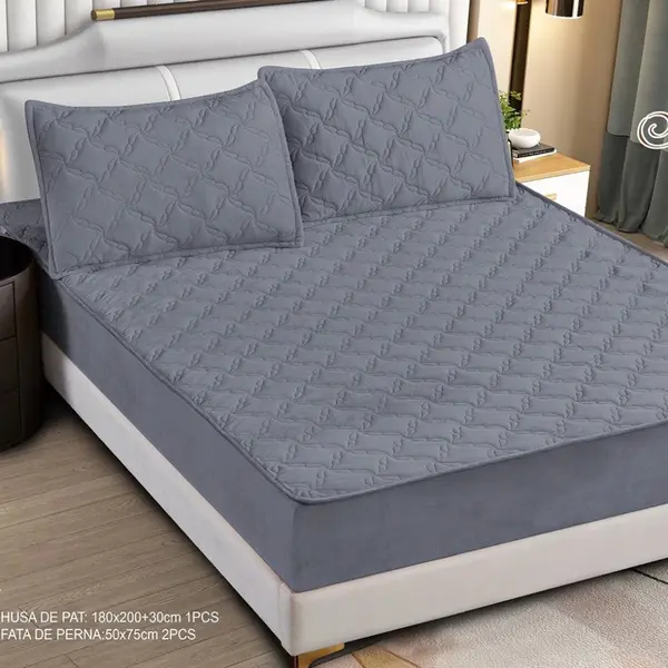 Husa Matlasata Tip Topper din Catifea 180x200cm, cu 2 Fete de Perna 50x70cm - Somn Odihnitor si Sustinere pentru Spate, Gri mediu