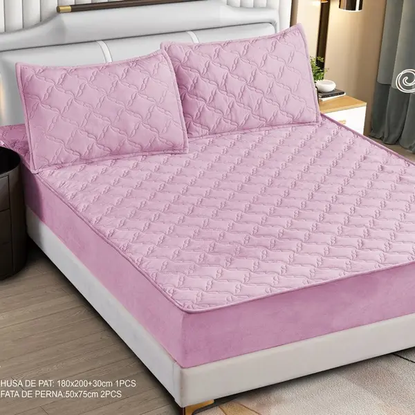 Husa Matlasata Tip Topper din Catifea 180x200cm, cu 2 Fete de Perna 50x70cm - Somn Odihnitor si Sustinere pentru Spate, Roz inchis