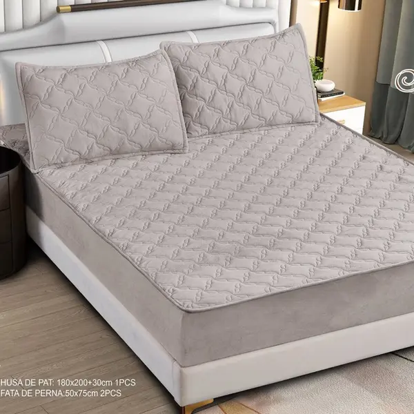 Husa Matlasata Tip Topper din Catifea 180x200cm, cu 2 Fete de Perna 50x70cm - Somn Odihnitor si Sustinere pentru Spate, Grej