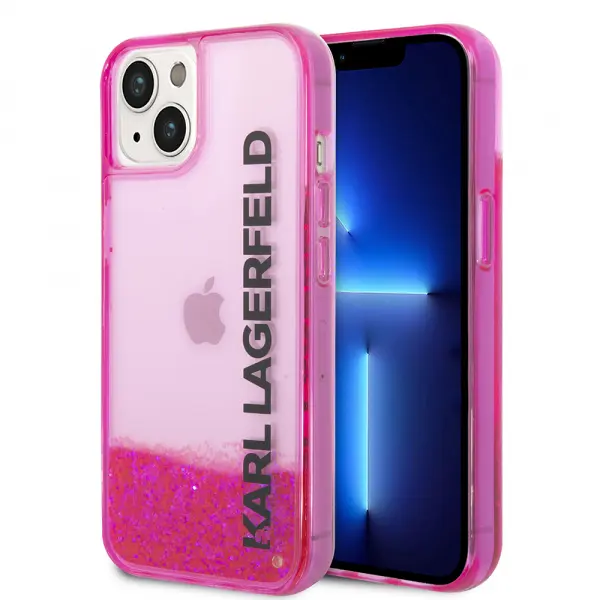 Husa pentru Apple iPhone 14 Plus, Karl Lagerfeld, Liquid Glitter KL Logo, Roz