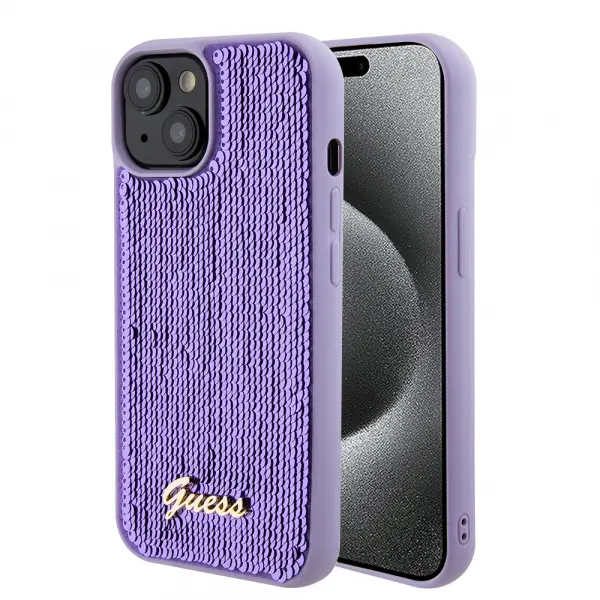 Husa pentru Apple iPhone 15, Guess, Sequin Script Metal, Mov