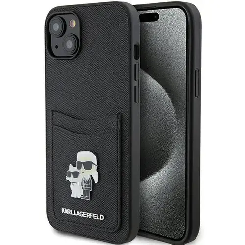 Husa pentru Apple iPhone 15, Karl Lagerfeld, Saffiano Card Slot Metal Karl & Choupette, Neagra