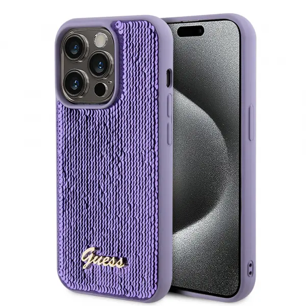 Husa pentru Apple iPhone 15 Pro, Guess, Sequin Script Metal, Mov