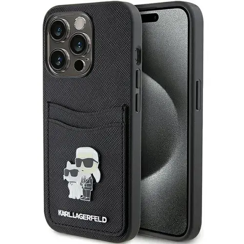 Husa pentru Apple iPhone 15 Pro, Karl Lagerfeld, Saffiano Card Slot Metal Karl and Choupette, Neagra