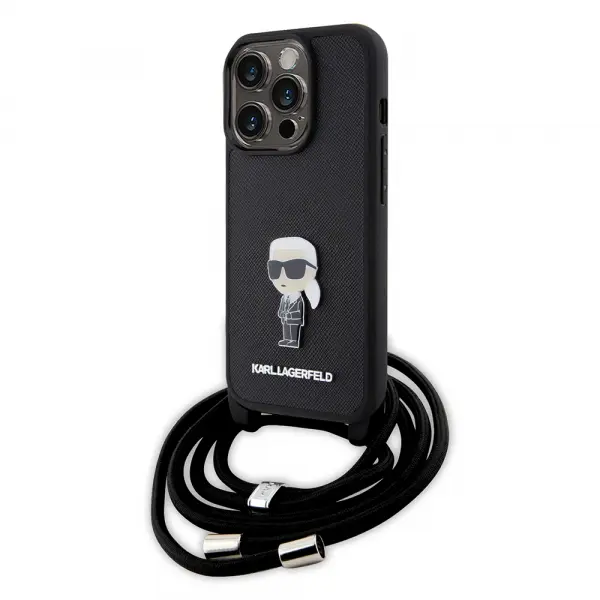 Husa pentru Apple iPhone 15 Pro, Karl Lagerfeld, Saffiano Crossbody Monogram Metal Pin Karl, Neagra