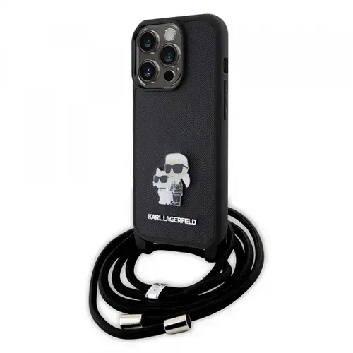 Husa pentru Apple iPhone 15 Pro, Karl Lagerfeld, Saffiano Crossbody Metal Pin Karl & Choupette, Neagra