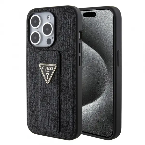 Husa pentru Apple iPhone 15 Pro Max, Guess, Grip Stand 4G Triangle Strass, Neagra