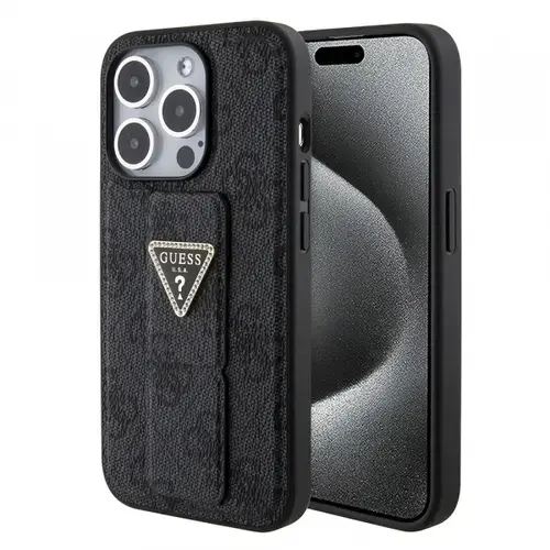 Husa pentru Apple iPhone 15 Pro Max, Guess, Grip Stand 4G Triangle Strass, Neagra