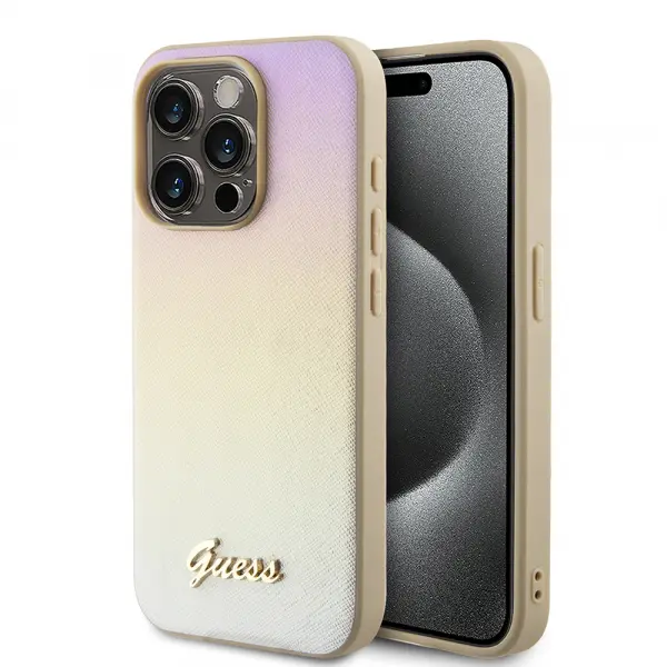 Husa pentru Apple iPhone 15 Pro Max, Guess, Saffiano Iridescent Script, Aurie