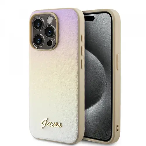 Husa pentru Apple iPhone 15 Pro Max, Guess, Saffiano Iridescent Script, Aurie