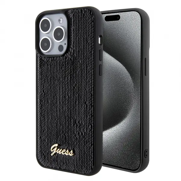 Husa pentru Apple iPhone 15 Pro Max, Guess, Sequin Script Logo, Neagra