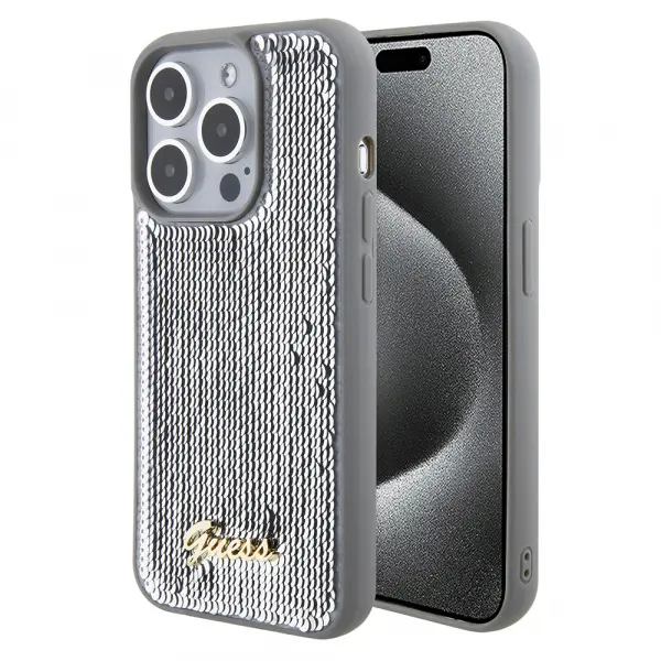 Husa pentru Apple iPhone 15 Pro Max, Guess, Sequin Script Metal, Argintie