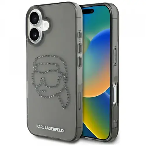 Husa pentru Apple iPhone 16, Karl Lagerfeld, IML Rhinestones Karl's Head, Neagra