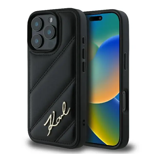 Husa pentru Apple iPhone 16 Pro, Karl Lagerfeld, Diagonal Quilted Script, Neagra