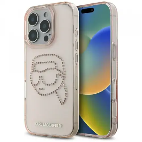 Husa pentru Apple iPhone 16 Pro, Karl Lagerfeld, IML Rhinestones Karl's Head, Roz