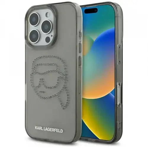 Husa pentru Apple iPhone 16 Pro, Karl Lagerfeld, IML Rhinestones Karl's Head, Neagra