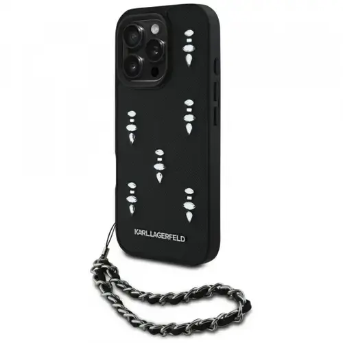 Husa pentru Apple iPhone 16 Pro, Karl Lagerfeld, Saffiano Crystals & Charm, Neagra