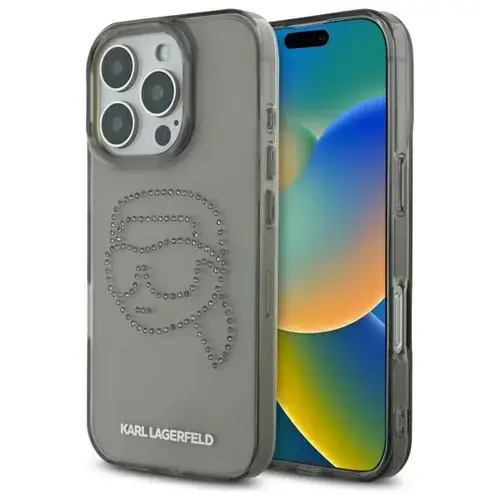 Husa pentru Apple iPhone 16 Pro Max, Karl Lagerfeld, IML Rhinestones Karl's Head, Neagra