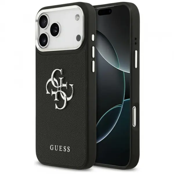 Husa pentru Apple iPhone 17 Pro, Guess, 4G Grained Big and Classic Logo, Neagra Argintie