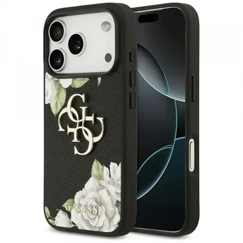 Husa pentru Apple iPhone 17 Pro, Guess, 4G Grained Roses Big Logo, Neagra