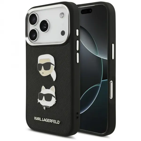 Husa pentru Apple iPhone 17 Pro, Karl Lagerfeld, Grained Karl & Choupette's Heads Pins and Logo, Neagra