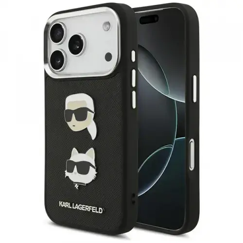 Husa pentru Apple iPhone 17 Pro, Karl Lagerfeld, Grained Karl & Choupette's Heads Pins and Logo, Neagra