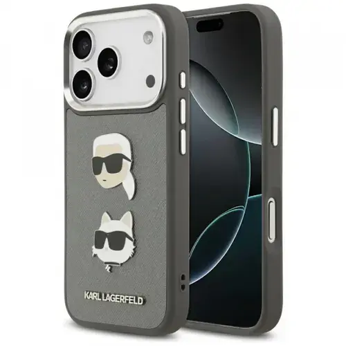 Husa pentru Apple iPhone 17 Pro, Karl Lagerfeld, Grained Karl & Choupette's Heads Pins and Logo, Gri