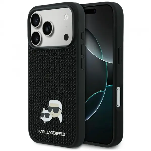 Husa pentru Apple iPhone 17 Pro, Karl Lagerfeld, Rhinestone Karl & Choupette Pins, Neagra