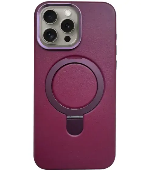 Husa Piele Lemontti MagSafe cu inel stand iPhone 16 Pro, Visiniu